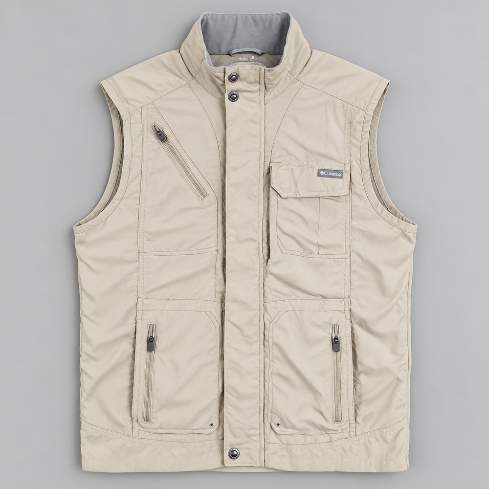 Columbia Omni-Shade Sun Protection Utility Fishing Vest Beige Tan Mens Medium